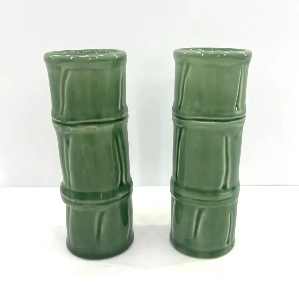 Set of two Libby green bamboo ceramic vases / glasses